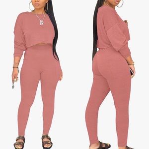 Women's Mauve Long Sleeve Crop Top/ High Waist Stretch Pant 2 Piece Set Size XL
